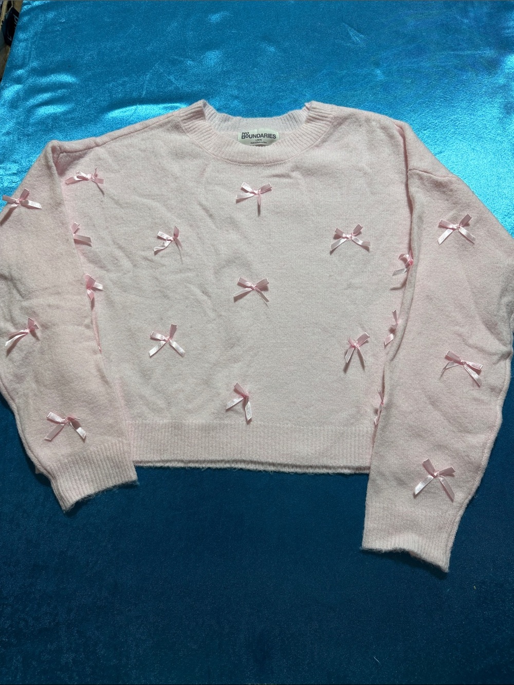 No Boundaries Light Pink Bow-Trim Crewneck Sweater